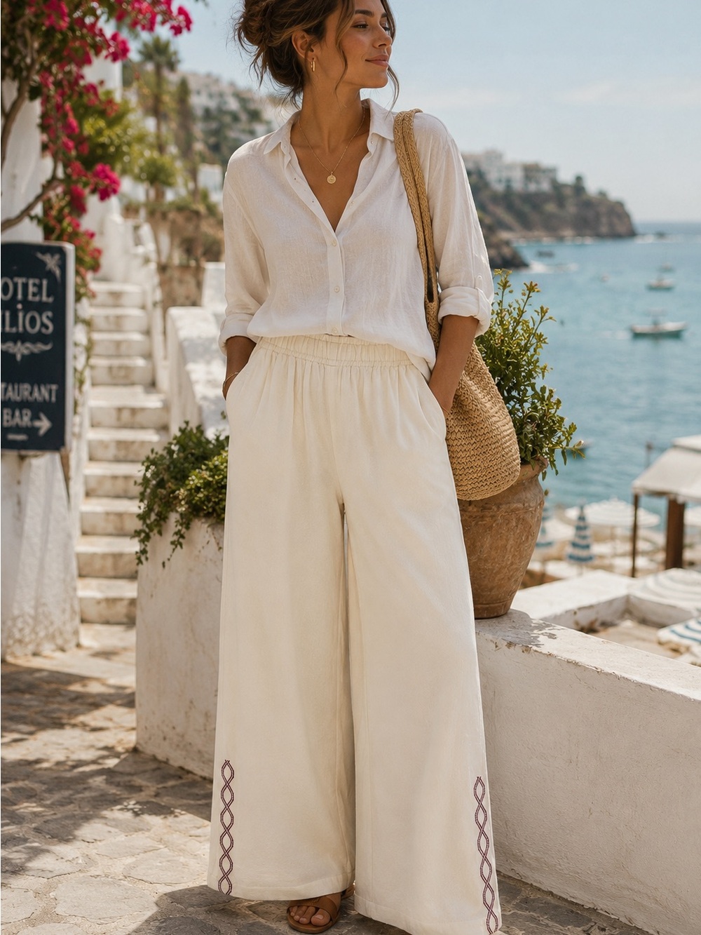 Soft Surroundings Wide Leg Resort Pants Cream Embroidered Coastal Boho